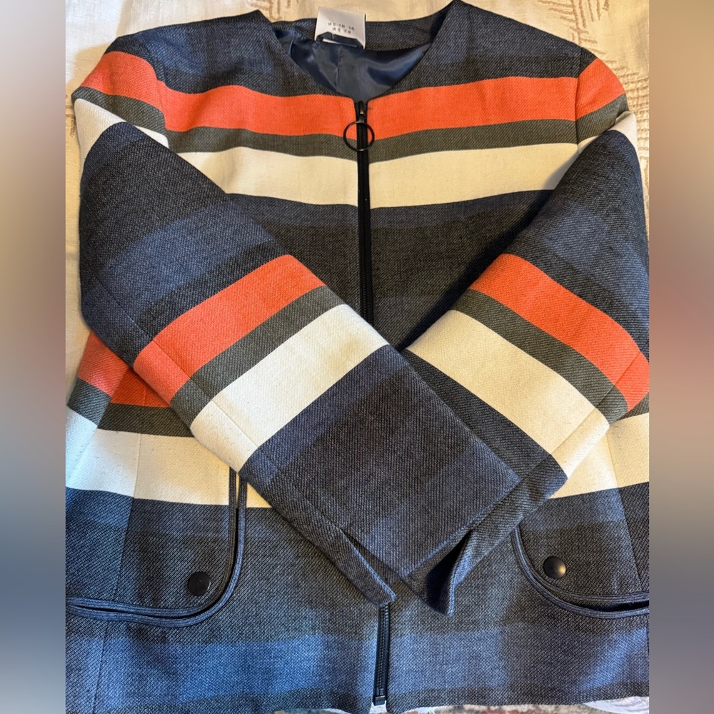 Akris Punto Striped Zip-Front Jacket in Navy, Cream & orange